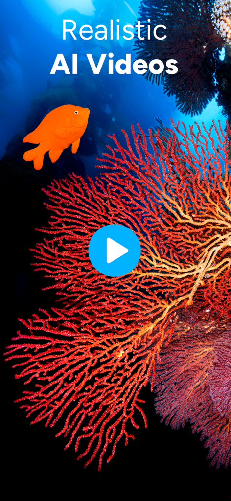 Realistic AI generated video of an orange fish swimming near red coral.