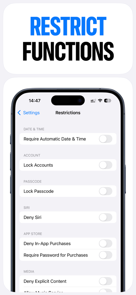 Interfaz de la app App Lock que muestra varias configuraciones de restricción como bloquear cuentas y denegar compras dentro de la aplicación en un iPhone