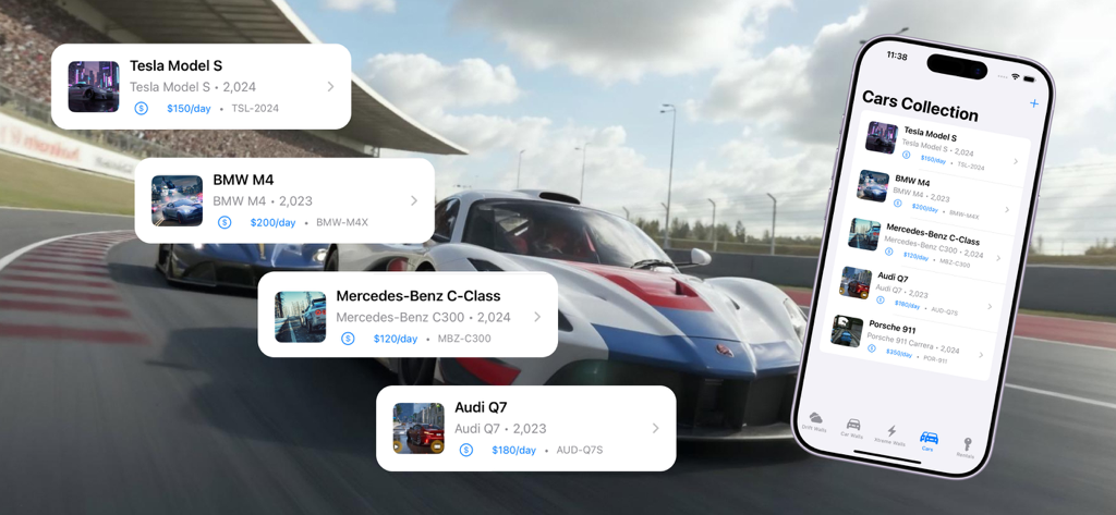 App Drift Xtreme che mostra una collezione di noleggio auto di lusso con tariffe giornaliere su un iPhone
