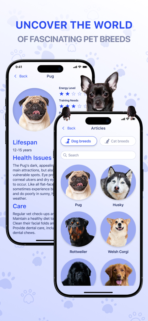 Pantalla de la aplicación SpeakPet que muestra una lista de razas de perros y datos sobre el pug