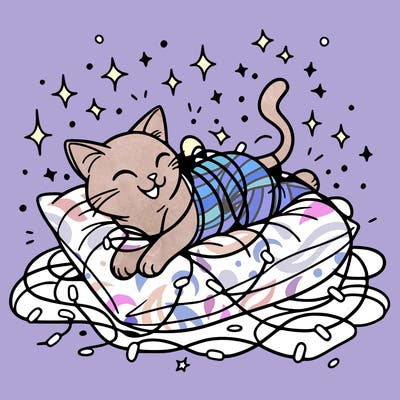a cat happily tangled in glowing lights, lounging on a big cushion, clean lines, simple design, uncomplicated, tatoo desing