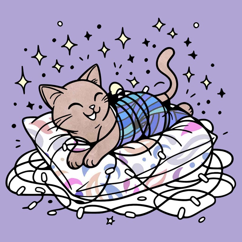 a cat happily tangled in glowing lights, lounging on a big cushion, clean lines, simple design, uncomplicated, tatoo desing