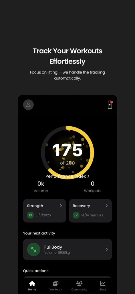 Gpath - Pantalla principal de la aplicación Gpath mostrando el índice de rendimiento del entrenamiento y estadísticas de entrenamiento