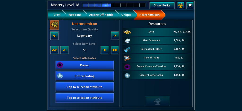 Crafting a legendary Necronomicon in the Eternium mobile game interface