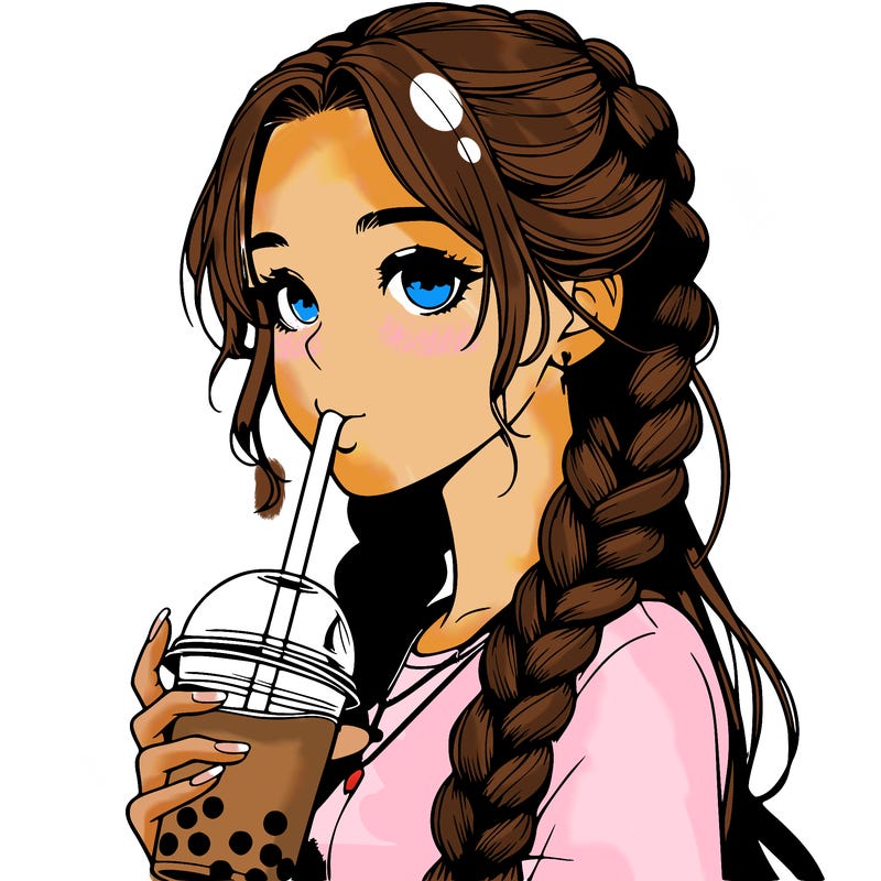 realistic girl with braided hair drinking boba