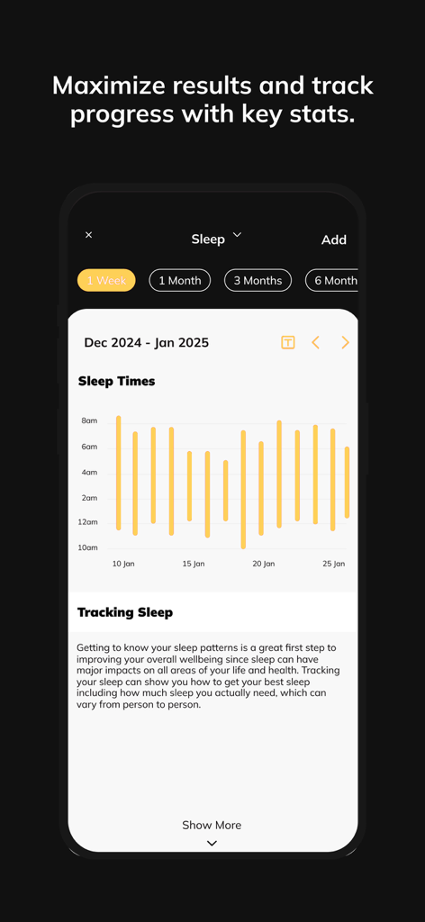 RF TEAM app sleep tracking screen with bar chart and wellness tips