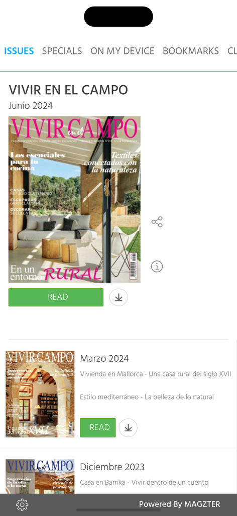 VIVIR EN EL CAMPO - Digital magazine library of Vivir en el Campo showing issues of rustic home decoration and interior design.