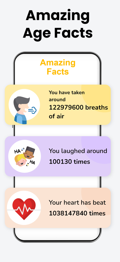 Age Calculator - Date of Birth - Age Calculator app interface showing fun statistics like total breaths taken, number of times laughed, and total heartbeats based on the user's age.
