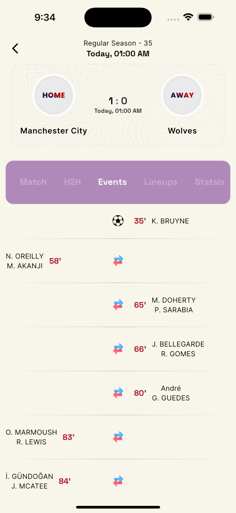 Timeline of key events and substitutions for a Manchester City versus Wolves football match on the KAKA Sport app.