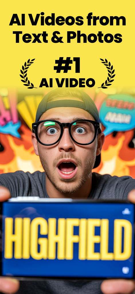 Highfield - AI Video Generator - A surprised young man holding a smartphone showing the Highfield AI video generator app logo