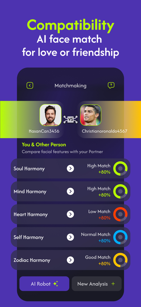 FaceYourself: AI Face Analysis - AI顔マッチングの互換性画面、2人のユーザー間のソウルとマインドの調和スコアを示しています