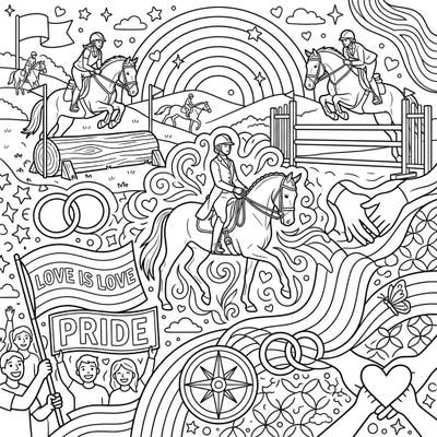 Unleash your creativity with this inspiring coloring page celebrating both the elegance of eventing riders and the vibrant spirit of Pride Month. Discover a world where equestrian passion meets themes of love, diversity, and community, ready for your artistic touch.