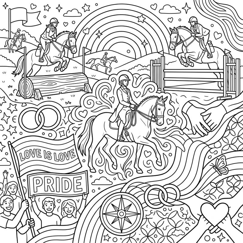 Unleash your creativity with this inspiring coloring page celebrating both the elegance of eventing riders and the vibrant spirit of Pride Month. Discover a world where equestrian passion meets themes of love, diversity, and community, ready for your artistic touch.