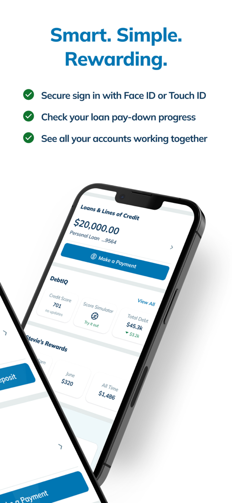 LendingClubモバイルアプリのインターフェース。20,000ドルの個人ローン残高、DebtIQ経由の701のクレジットスコア、および報酬の概要が表示されています。