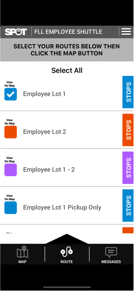 ETA SPOT - Interface of the ETA SPOT app showing a list of shuttle routes to select for the FLL employee shuttle