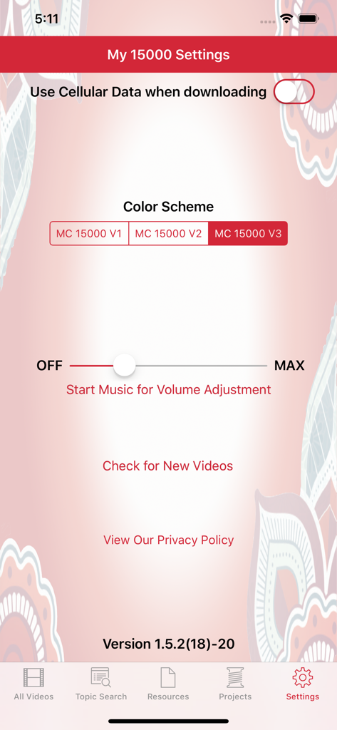 My 15000 - Schermata delle impostazioni dell'app My 15000 con opzioni per dati cellulare, schemi di colori e aggiornamenti video.