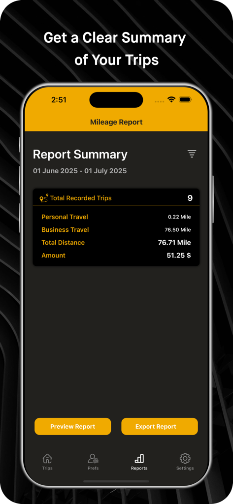 Uma captura de tela de aplicativo móvel mostrando um resumo de relatório de quilometragem com distância de viagem de negócios e valor dedutível total.