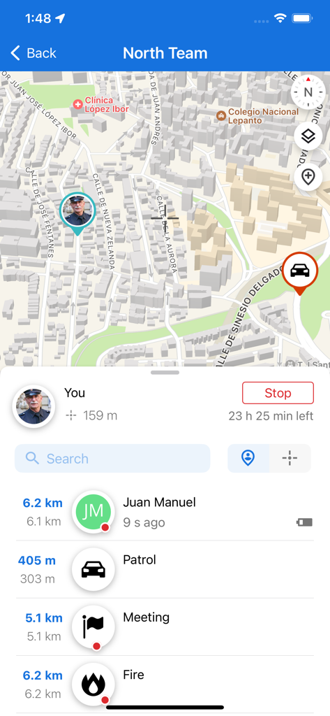 Interface of IMBox app showing a map with real-time locations of team members and a list of their current activities like patrol and meeting.