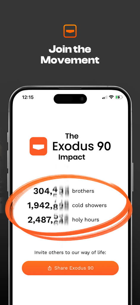 Exodus 90: Catholic Men's App - A mobile app screen displaying the Exodus 90 impact statistics for community brothers, cold showers, and holy hours.