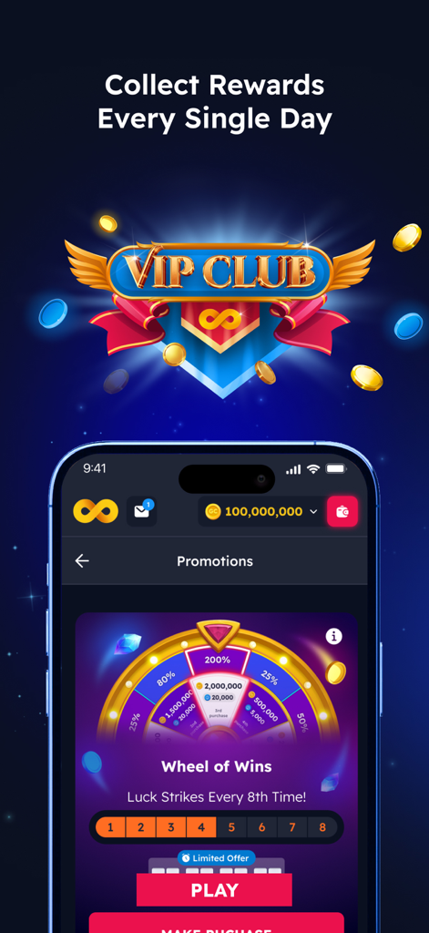 NoLimitCoins mobile app screenshot showcasing the VIP Club and Wheel of Wins daily bonus.