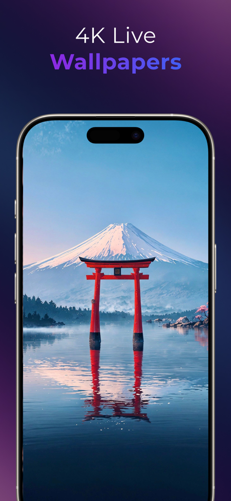 My Screen Wallpaper - iPhone exibindo um papel de parede ao vivo 4K com um portão torii vermelho e o Monte Fuji