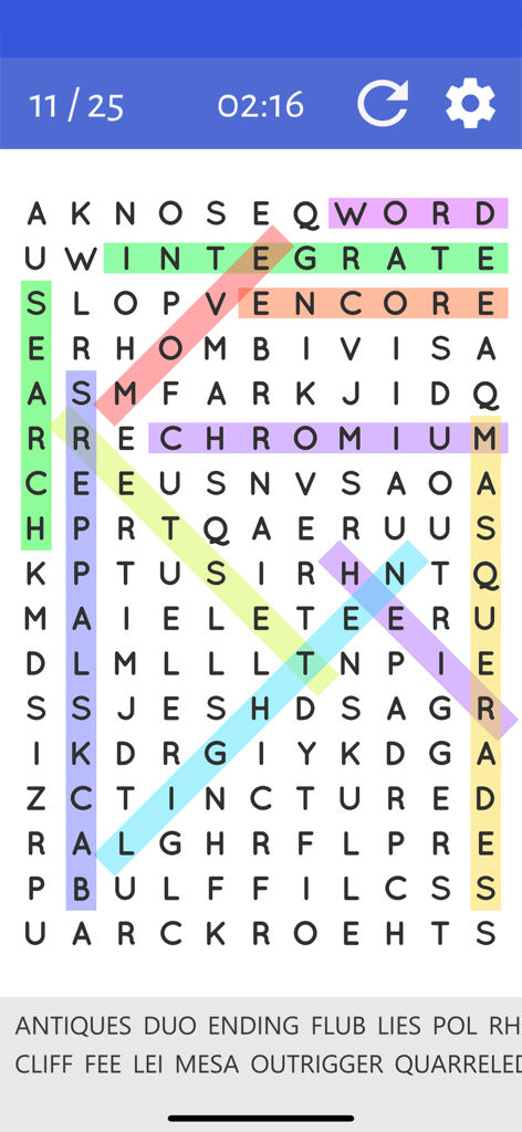 A clean and simple word search puzzle grid with colorful highlighted words and a list of words to find at the bottom.
