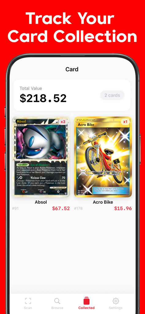 총 포트폴리오 가치와 개별 카드 가격이 표시된 포켓몬 카드 컬렉션을 보여주는 모바일 앱 화면