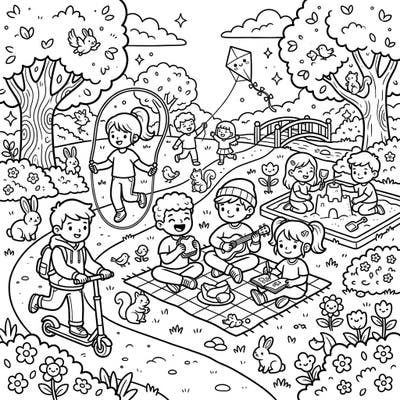 Dive into a world of cuteness with this Kawaii-style coloring page featuring children enjoying a beautiful day outdoors. From playing in the park to picnicking with friends, there's endless joy to color in this delightful scene.