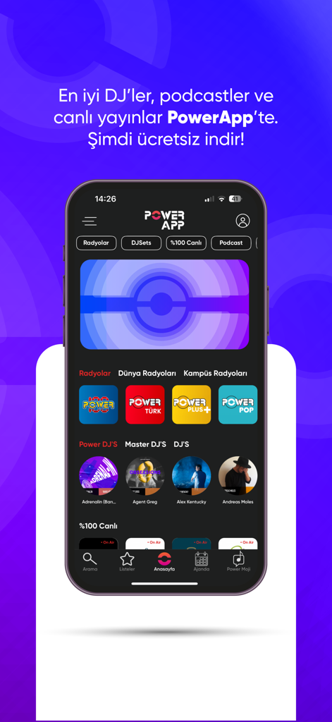 PowerApp: Radio, Podcast, DJ - PowerAppのモバイル画面にPowerTurkなどのラジオ局、ライブDJプロフィール、ポッドキャストカテゴリがダークテーマのインターフェースで表示されています。