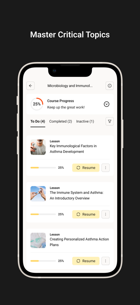 Ethos Systems - Interfaz de la aplicación móvil Ethos Systems que muestra un curso de microbiología con progreso de lecciones y tareas pendientes.