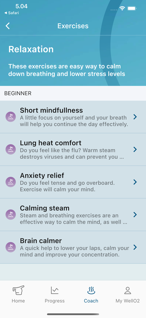 WellO2アプリのインターフェース、マインドフルネスや不安解消などの初心者向けリラクゼーション呼吸エクササイズを表示