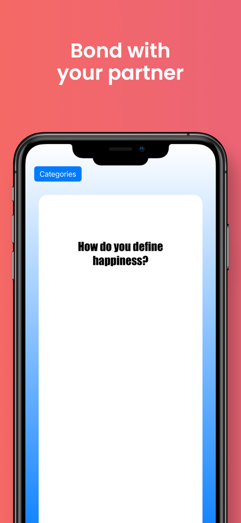 Couple Cards Deep Questions - Interfaz de la aplicación Couple Cards mostrando una pregunta profunda sobre la felicidad para conectar con tu pareja