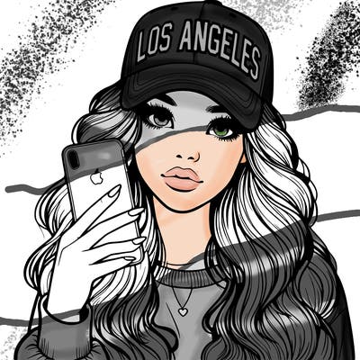 realistic beautiful girl wearing los ángeles cap holding an iphone