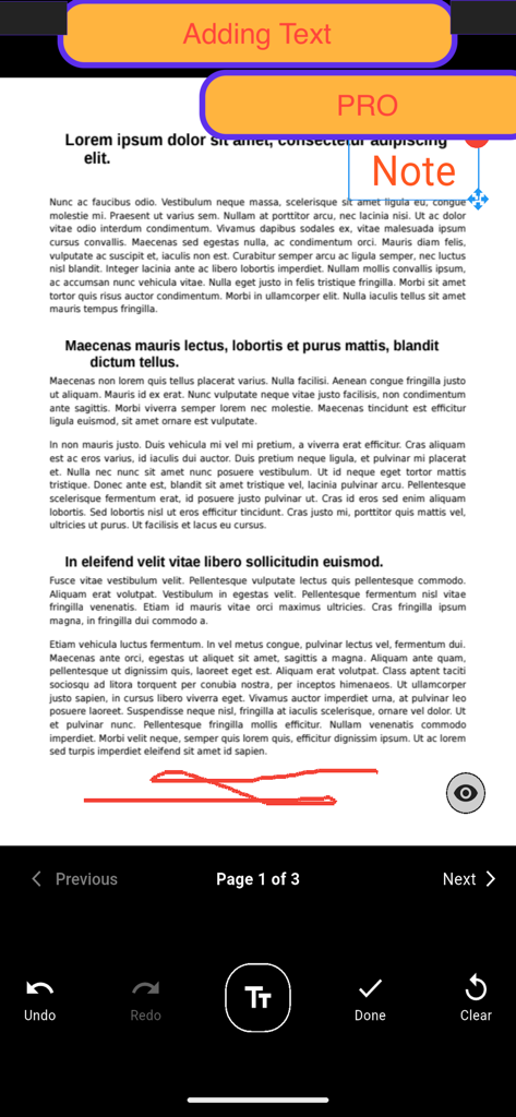 PDF: Viewer - Editor - テキストノートが追加されたPDFドキュメントと、元に戻す、やり直し、編集を保存するオプションが表示されたiPhoneインターフェイス。