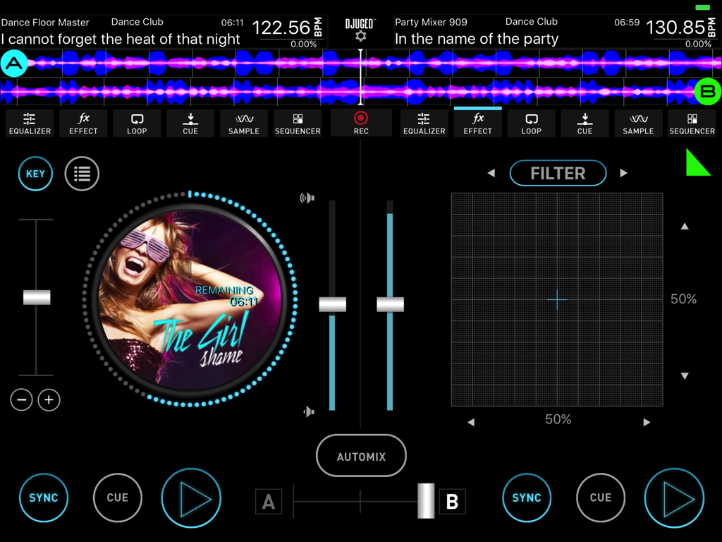 Professional DJ mixing interface of the DJUCED App on an iPad featuring track waveforms and dual decks