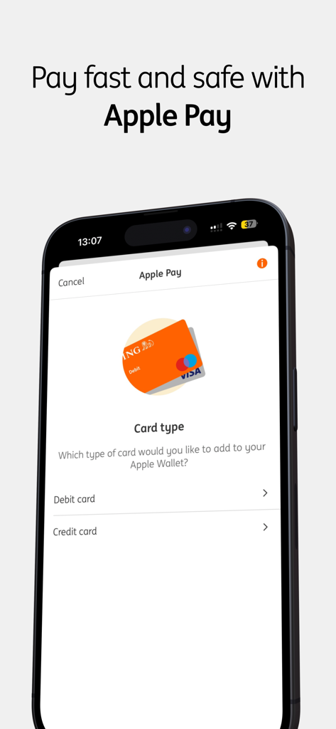 ING Banking app screen for adding a debit or credit card to Apple Pay