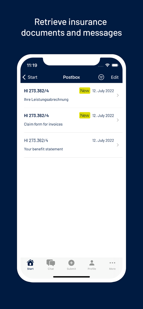 My INTER - My INTER app postbox screen showing a list of digital insurance documents and benefit statements