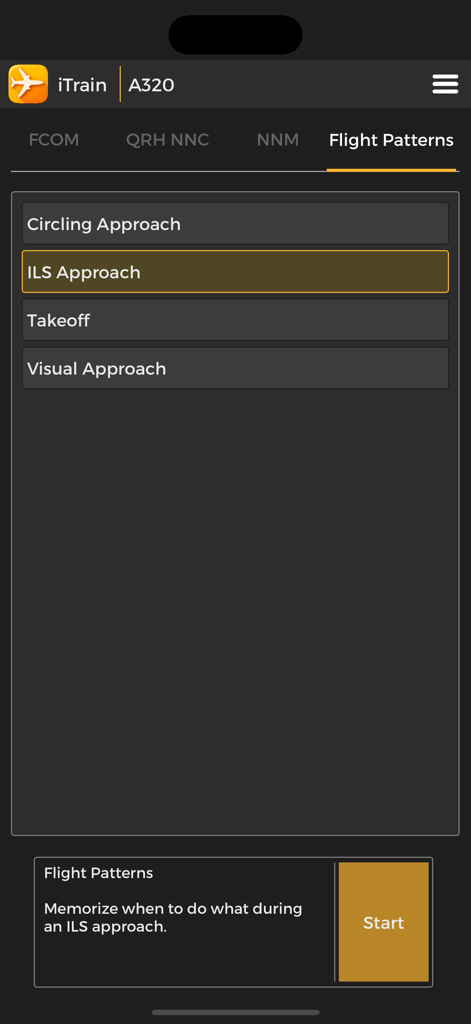 iTrain A320 - iTrain A320 app interface showing flight patterns selection including ILS approach