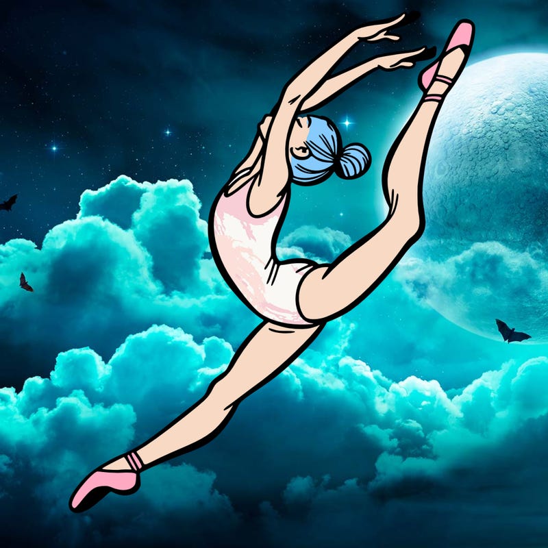 gymnast doing a leap in a leotard with a bent back leg