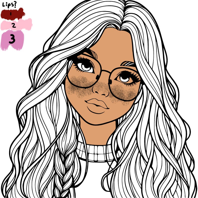 girl with long hair and freckles and glasses realistic
