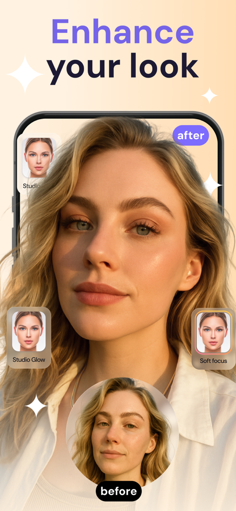 FaceAI・Face & Makeup AI Editor - Screenshot of FaceAI app showing a woman portrait comparison before and after applying natural skin refinement and studio glow filters.