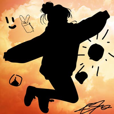 realistic girl jumping with a bun and oversized sweatshirt