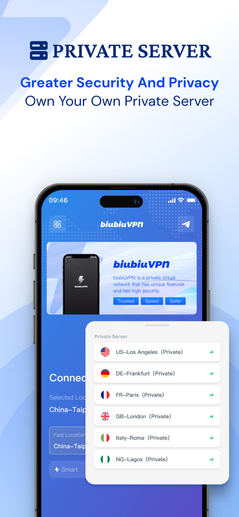 biubiuVPN : VPN - biubiuVPN app interface showing a list of global private server options for better security.