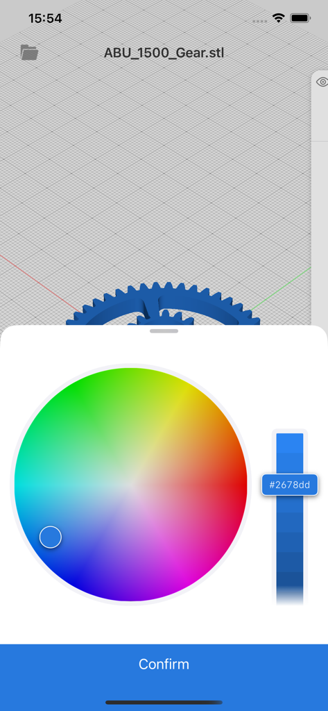 Viewer3D - A 3D gear model being customized with a color wheel interface in the Viewer3D mobile app
