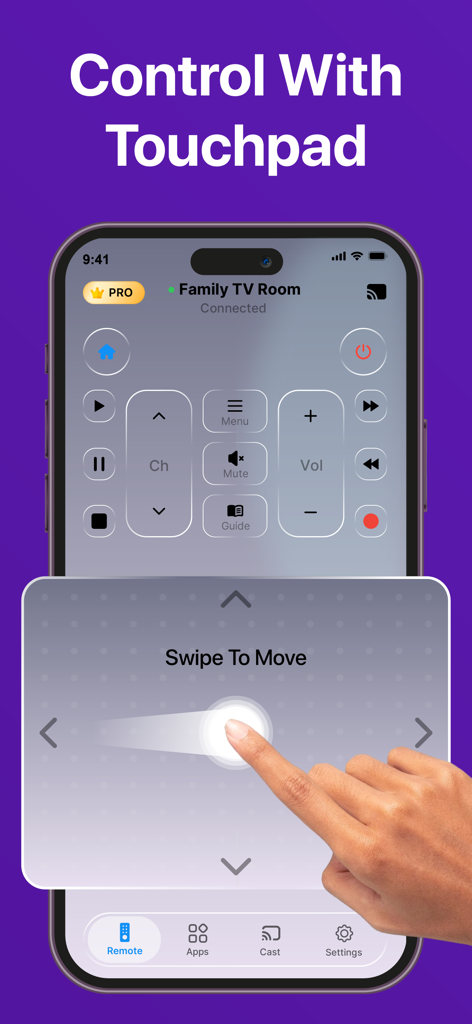 Universal TV Remote・TV Control - Hand using the touchpad navigation feature on the Universal TV Remote app to control a smart TV