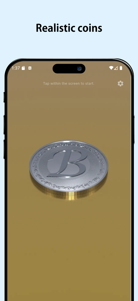 Una moneda de plata 3D realista mostrada en la pantalla de un smartphone dentro de la aplicación Coin Toss
