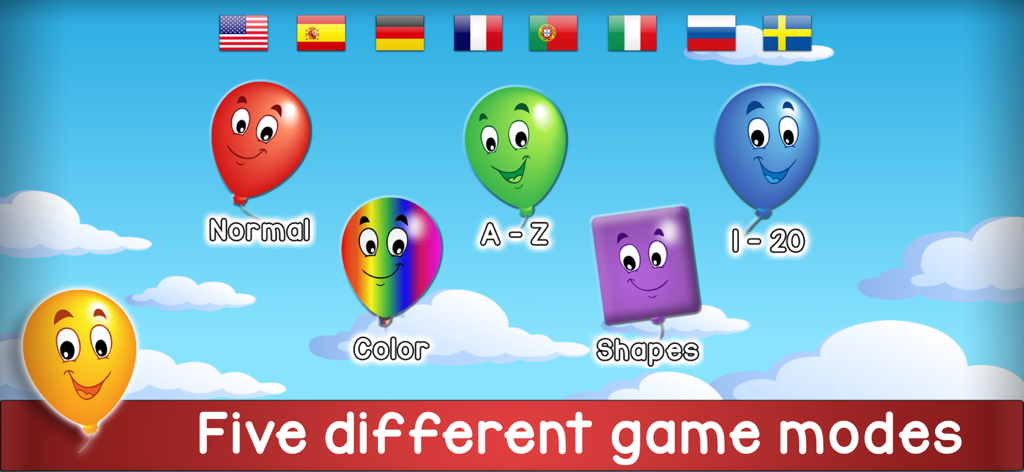 Kids Balloon Pop Language Game - Pantalla del menú del juego Kids Balloon Pop Language mostrando cinco modos educativos, incluyendo abecedario y números, con globos coloridos y banderas de países