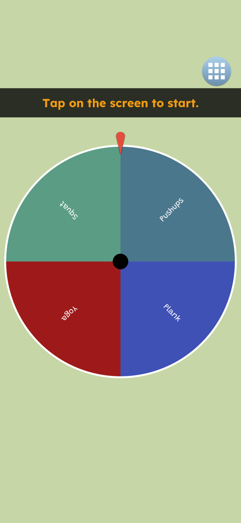 A four-section spinning wheel in Wheel Maker Random app with fitness choices including pushups and yoga