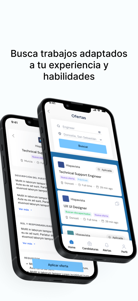 Trabajos.com - Pantallas de la aplicación móvil que muestran ofertas de empleo para ingenieros y diseñadores con una descripción detallada del puesto en español.