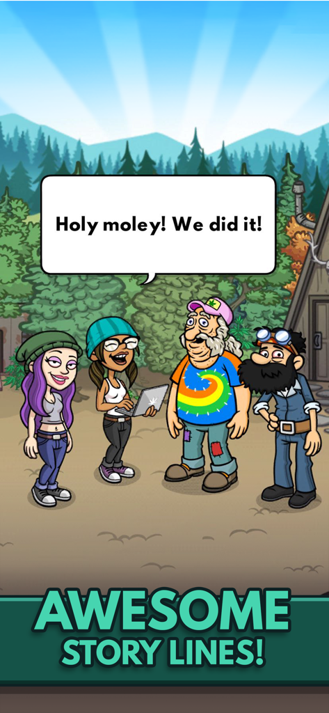 Cartoon characters in Bud Farm Idle Tycoon celebrating with a speech bubble and the text Awesome Story Lines